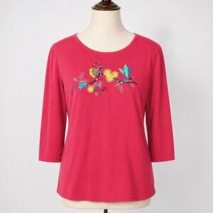 Christopher Banks Womens L Pink Embroidered Dragonfly Butterfly Top 3/4 Sleeve